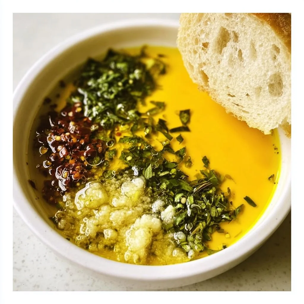 A bowl of homemade bread dipping oil with herbs and spices for flavorful dipping.
