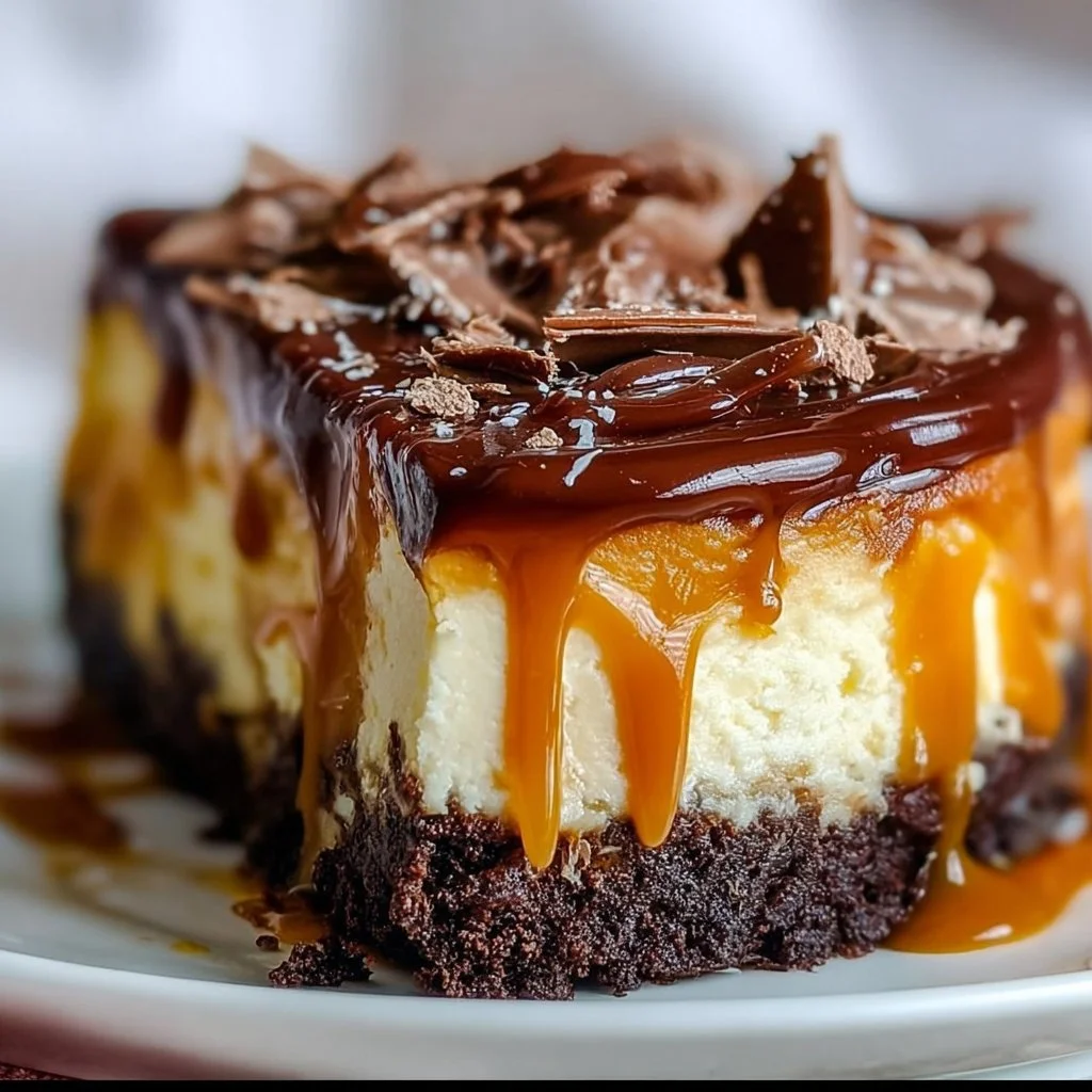 Delicious Caramel Brownie Cheesecake topped with creamy caramel and brownie bits