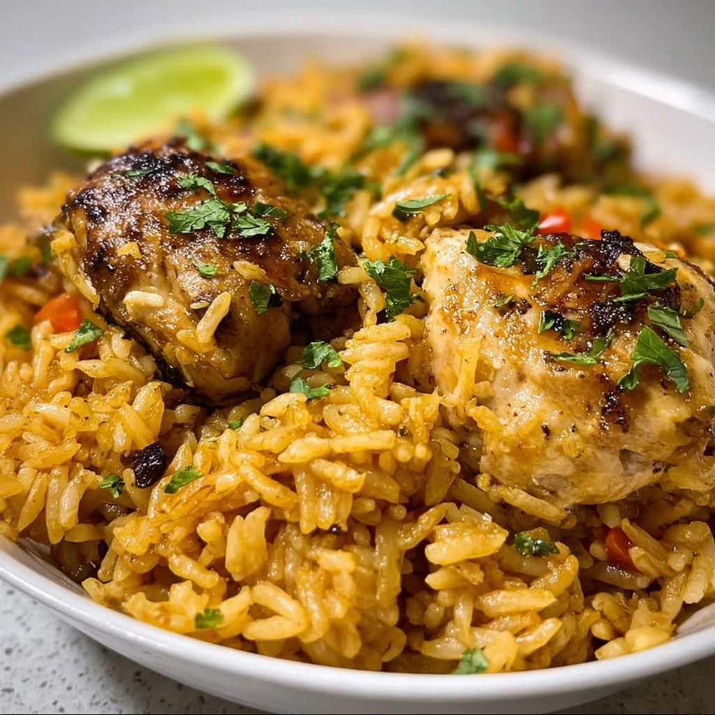 Delicious Caribbean Chicken and Rice dish served with tropical flavors.