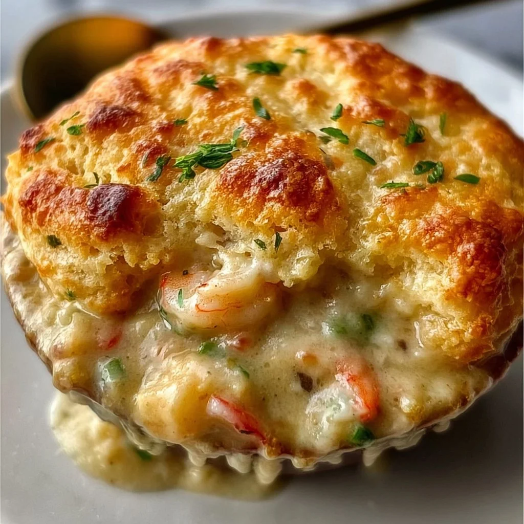 Delicious Cheddar Bay Biscuit Seafood Pot Pie served warm with a golden crust
