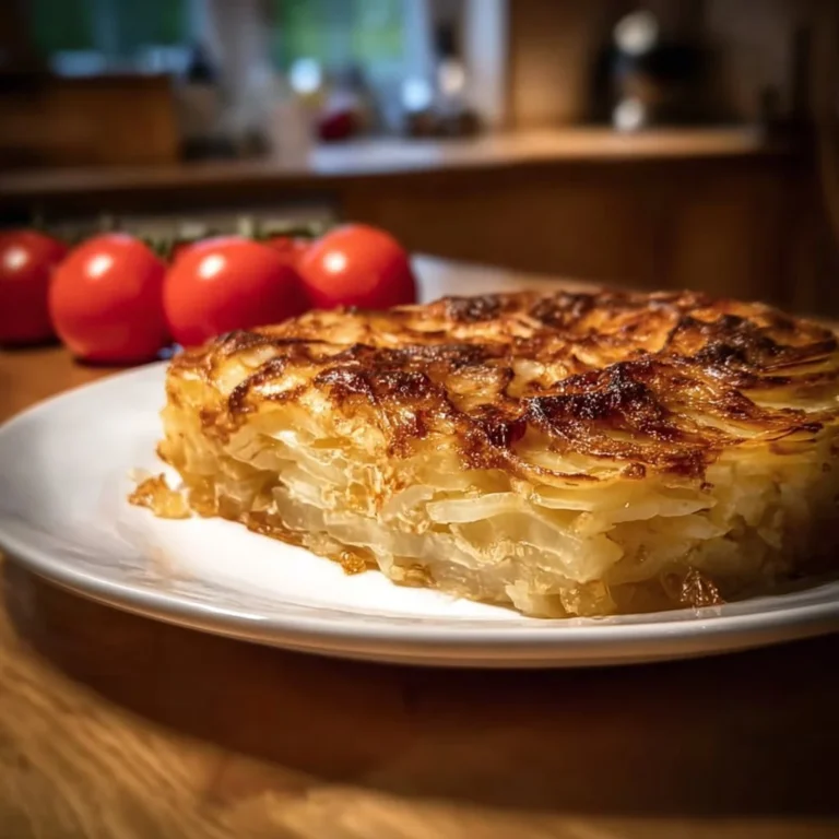 Delicious cheesy potato and onion pie served in a rustic dish