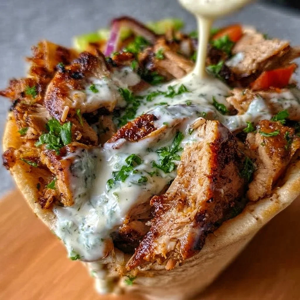 Plate of Chicken Shawarma with Garlic Sauce served with fresh vegetables