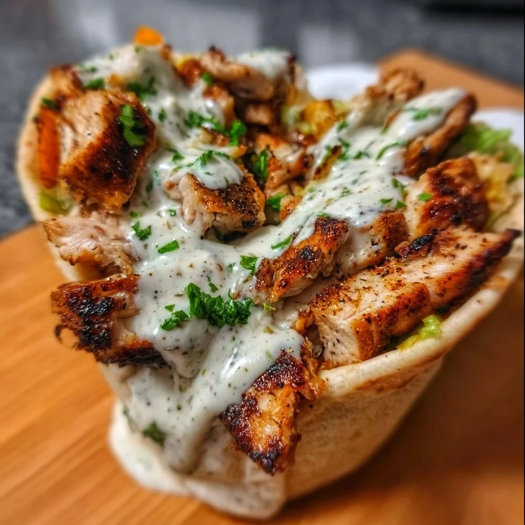 Chicken shawarma served with garlic sauce on a plate