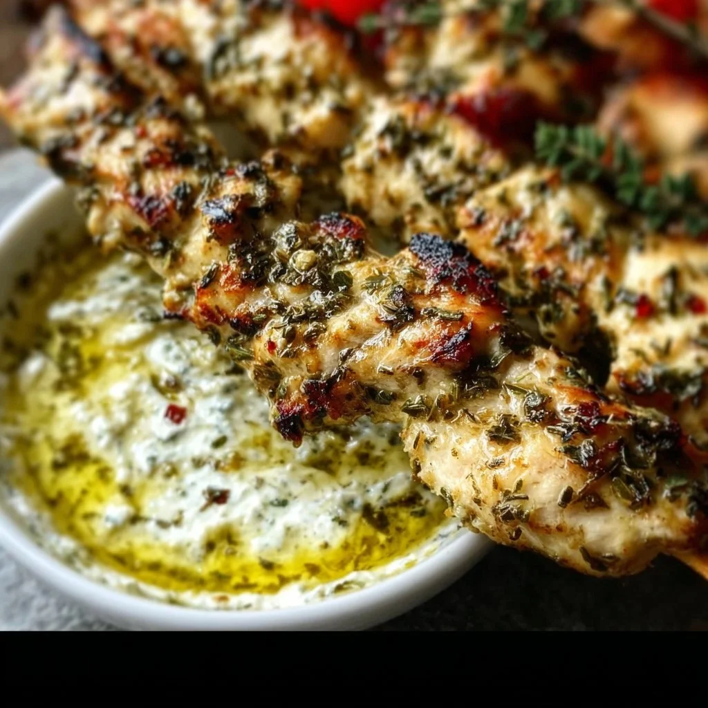 Delicious Chicken Souvlaki skewers marinated for flavor and tenderness.