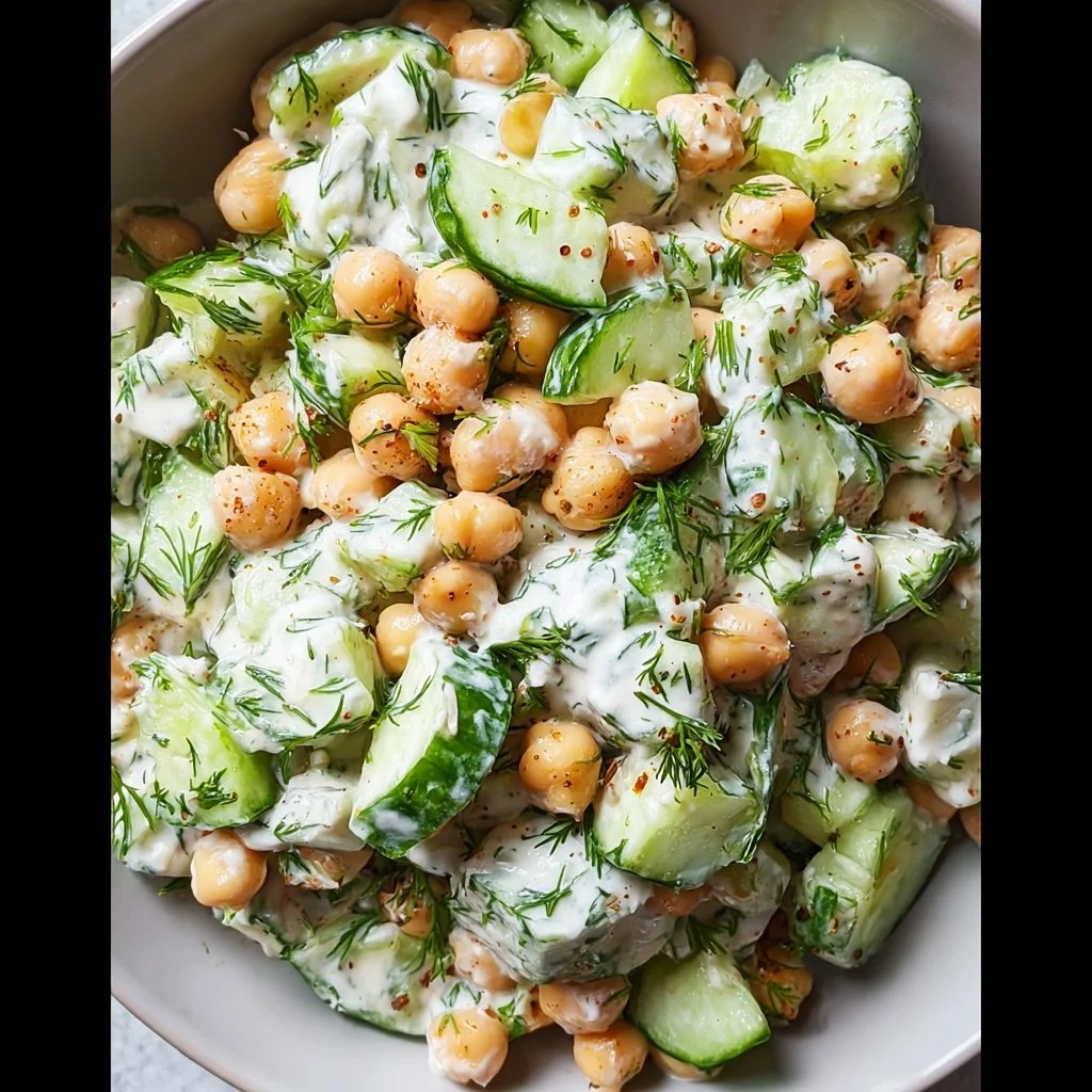 Chickpea and cucumber salad topped with tzatziki sauce in a bowl.