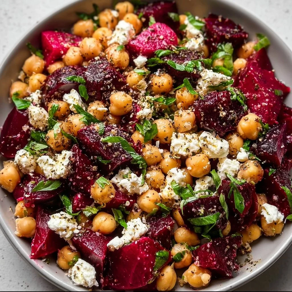 Chickpea salad with beets and feta cheese served in a colorful bowl