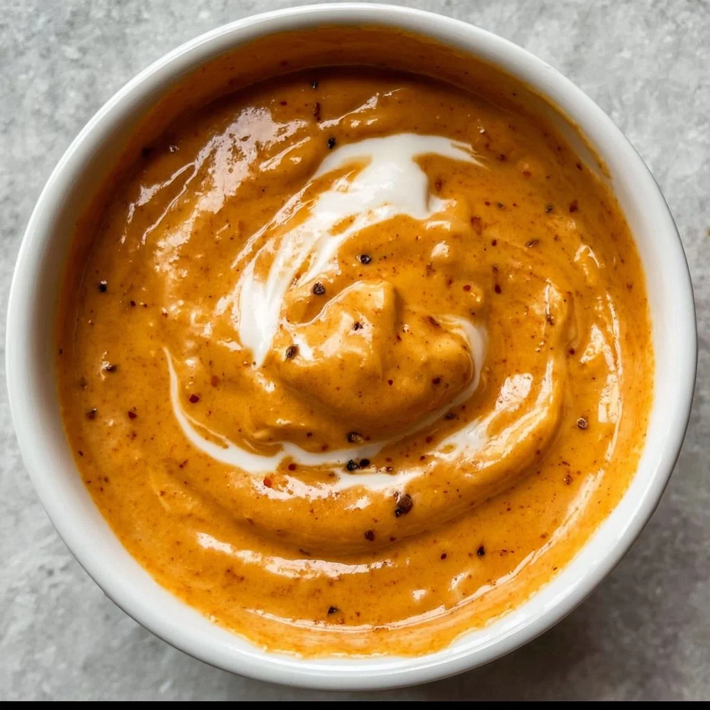 Creamy chipotle sauce with garlic and sour cream drizzled on tacos.