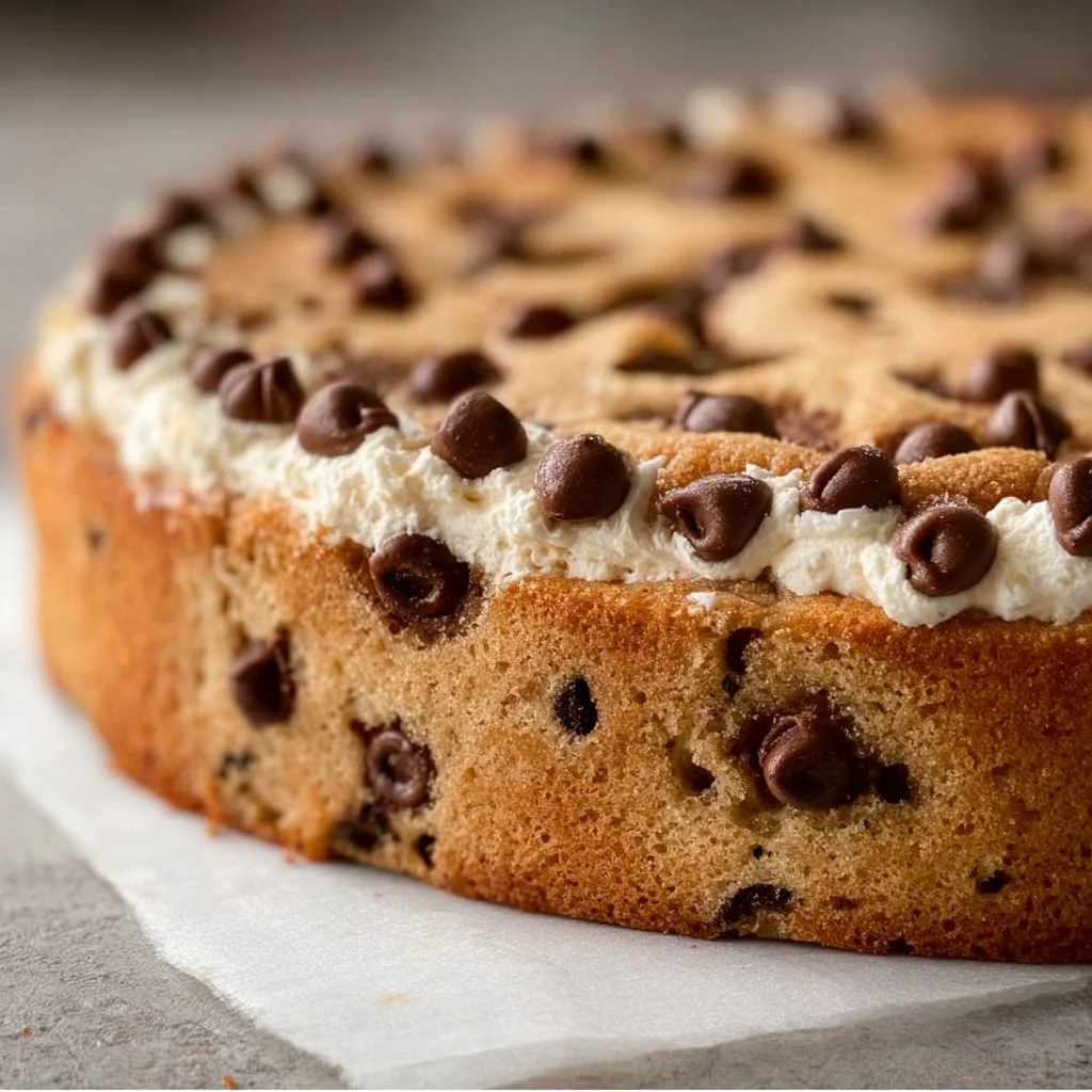 Decadent chocolate chip cookie cake with buttercream frosting