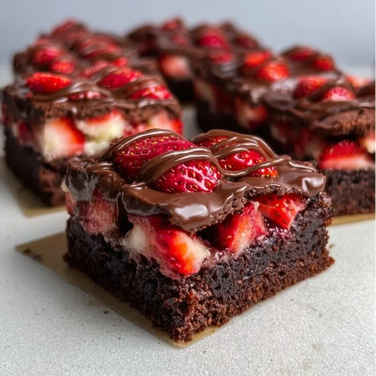 Chocolate covered strawberry brownies topped with fresh strawberries and chocolate drizzle.