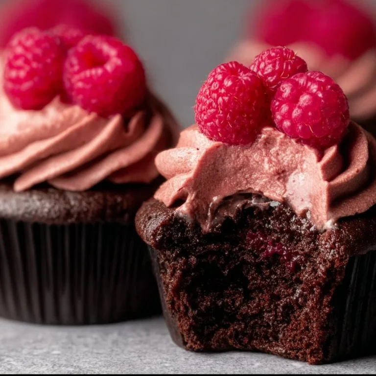 Delicious Chocolate Raspberry Cupcakes topped with fresh raspberries