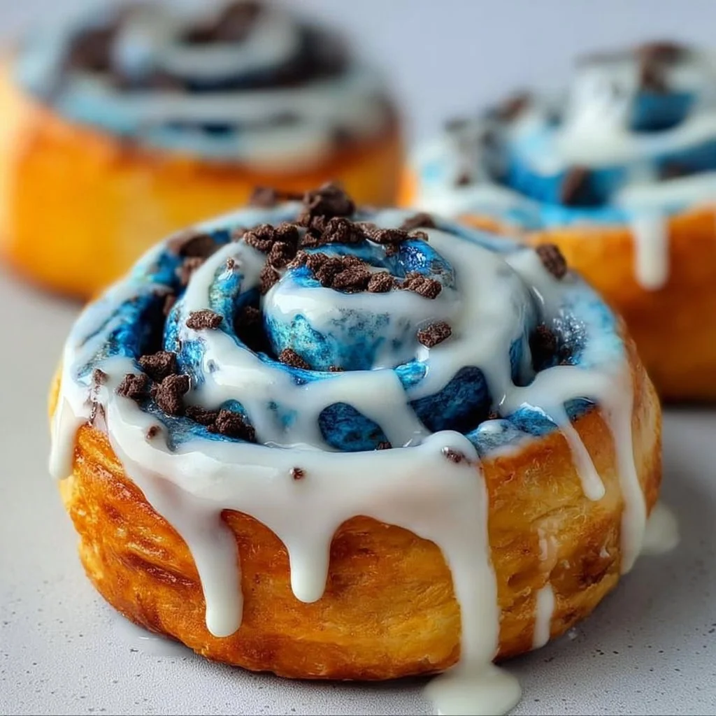 Delicious Cookie Monster Cinnamon Rolls with blue swirls and icing