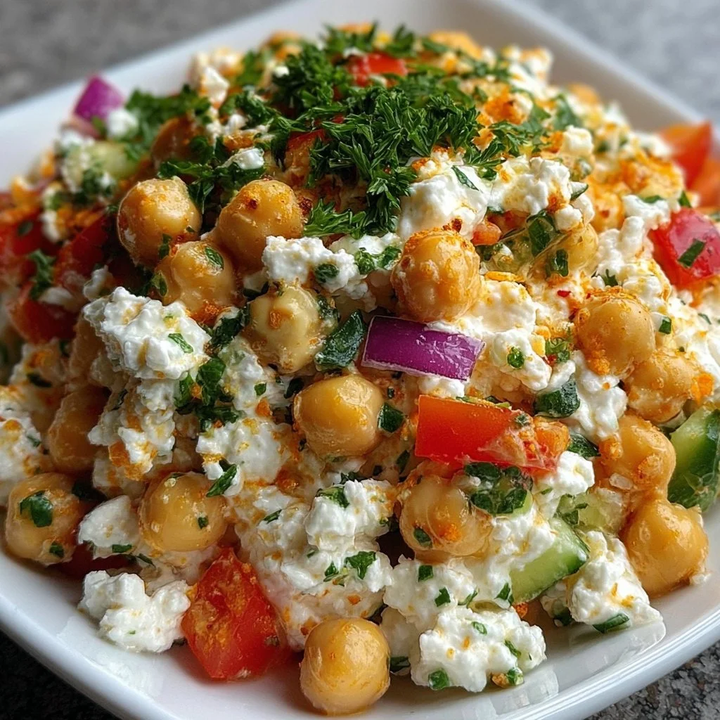 Cottage cheese and chickpeas salad with vegetables and herbs