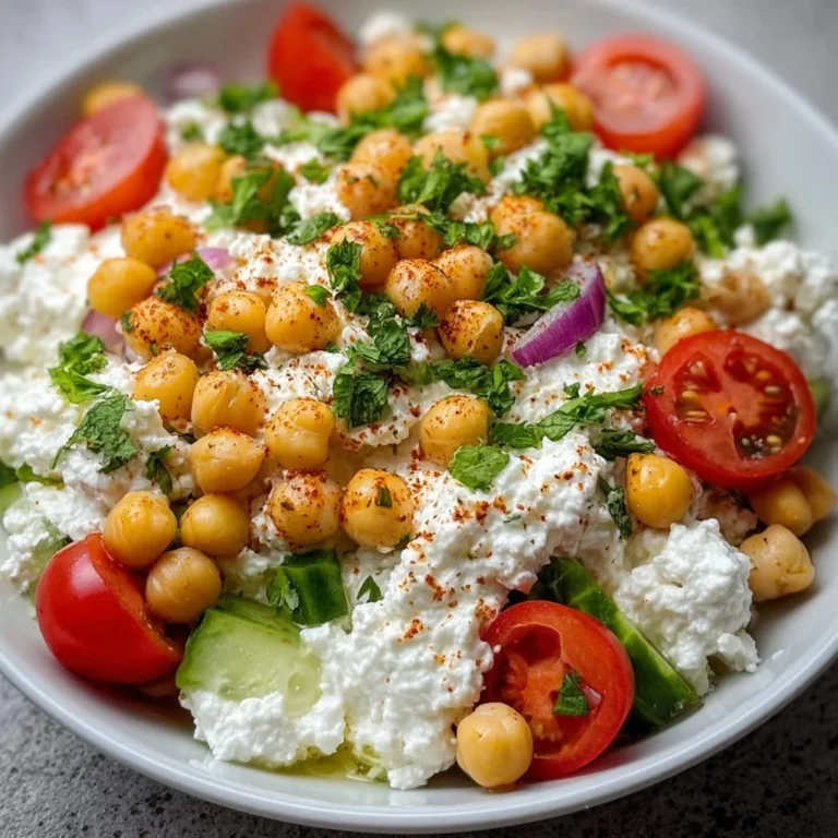 Cottage Cheese and Chickpeas Salad garnished with fresh herbs