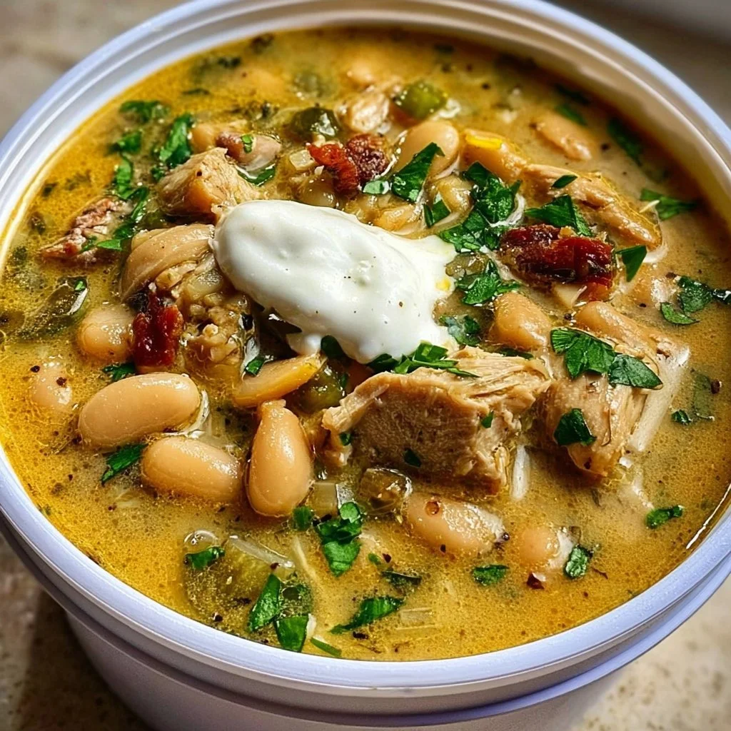 Bowl of delicious Cajun White Chicken Chili topped with ingredients.