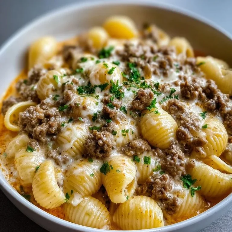 Creamy beef and shells dish served in a bowl with herbs