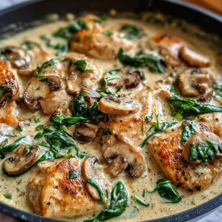 Creamy chicken mushroom spinach skillet dish with vibrant colors and textures
