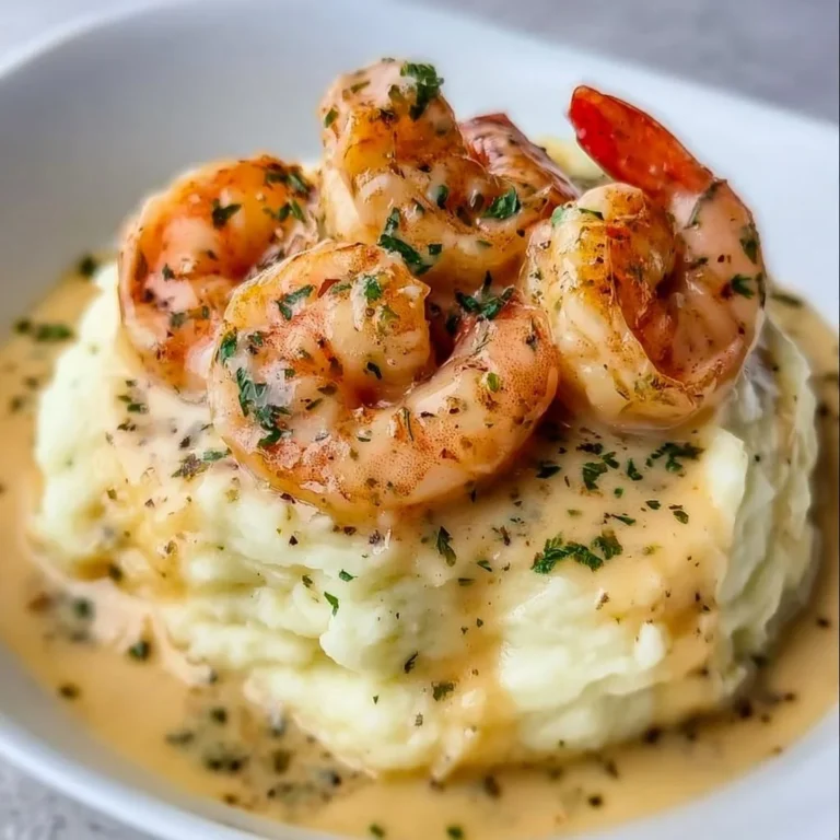 Creamy garlic shrimp dish served with mashed potatoes
