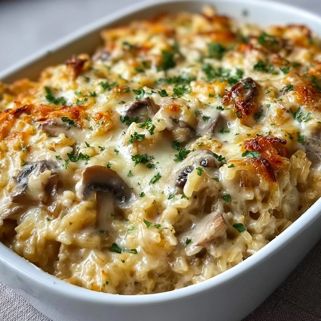 Creamy mushroom chicken and rice casserole dish ready to serve.
