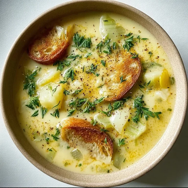 Bowl of creamy roasted garlic soup garnished with herbs and croutons