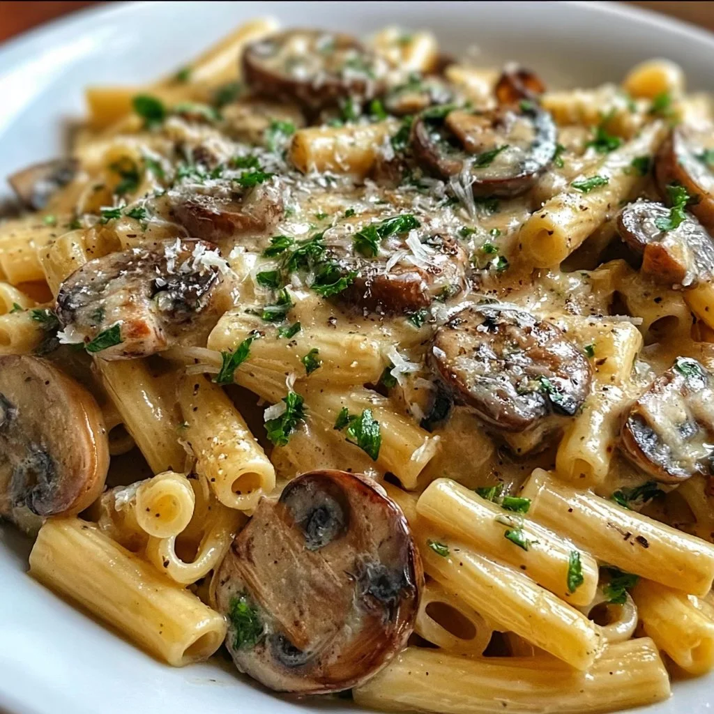 Creamy Tuscan mushroom pasta skillet ready to serve for a delicious weeknight dinner.