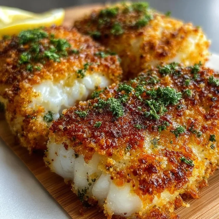 Crispy air fryer Parmesan crusted cod served on a plate with lemon wedges.