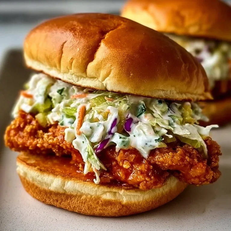 Crispy Buffalo Chicken Sandwich with ranch slaw on a wooden table