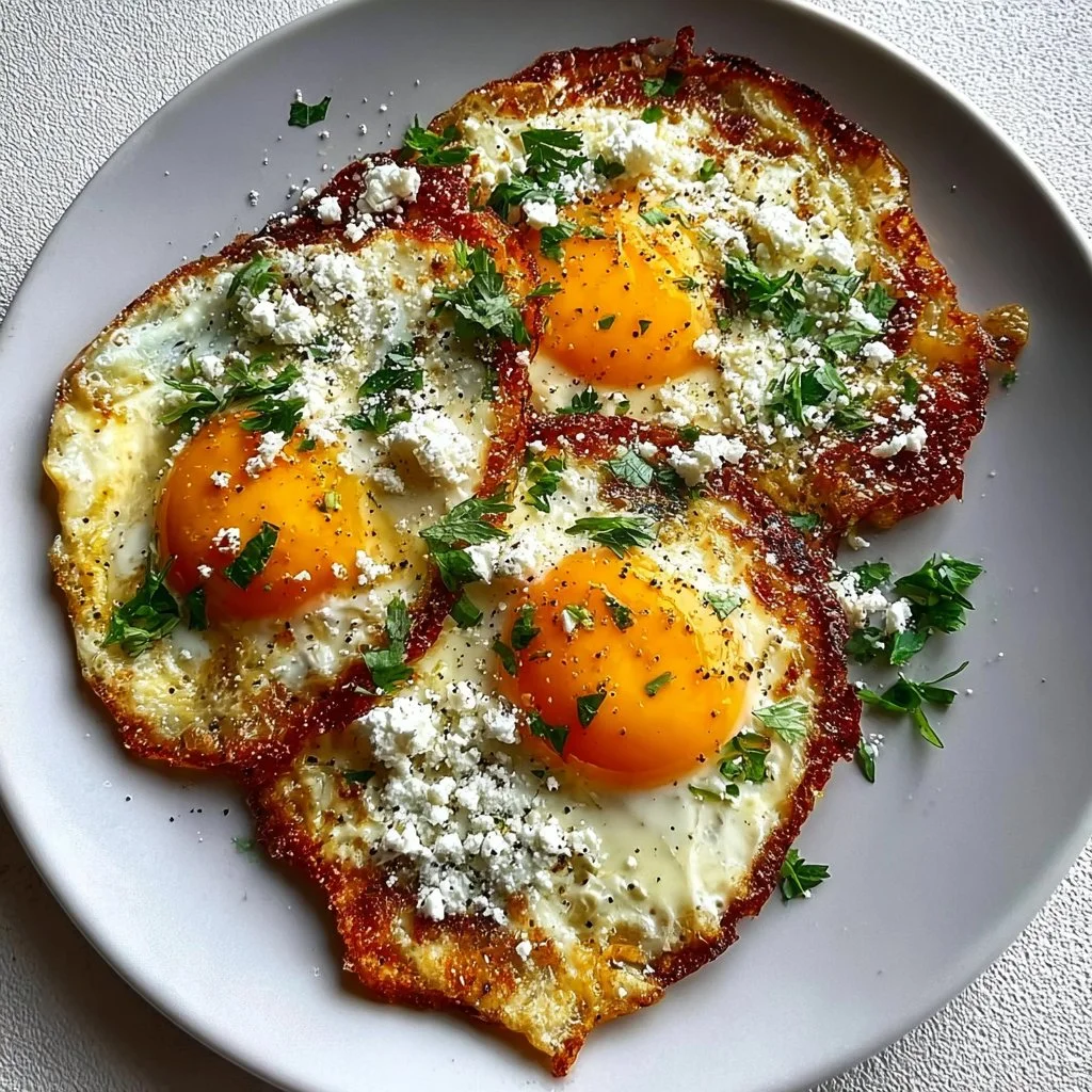 Crispy feta fried eggs served on a plate with garnishes.