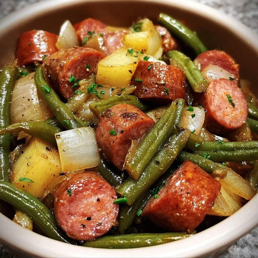 Crockpot kielbasa and green beans dish served on a rustic table.