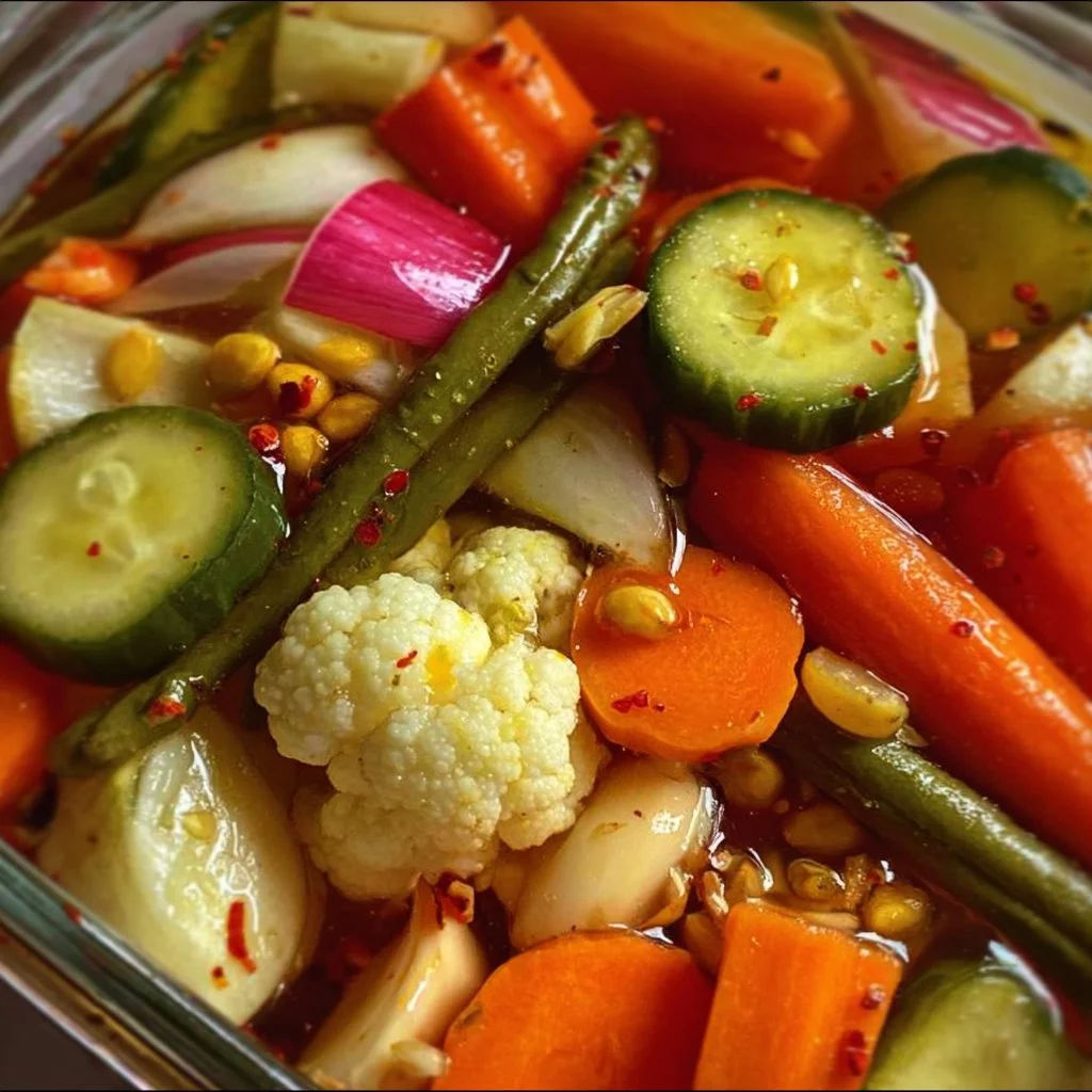 Crunchy tangy refrigerator pickled vegetables in a jar with fresh vegetables