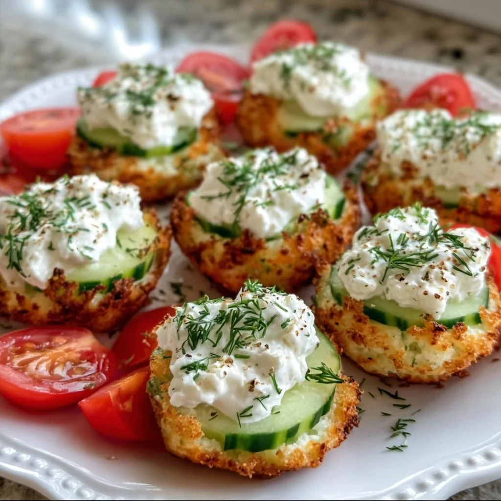 Cucumber cottage cheese bites garnished with herbs on a wooden platter