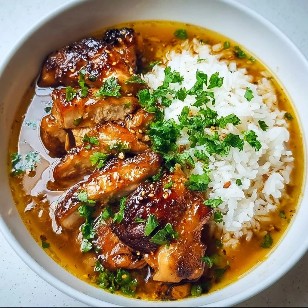 Delicious caramelised soy chicken served in garlic ginger broth with rice.