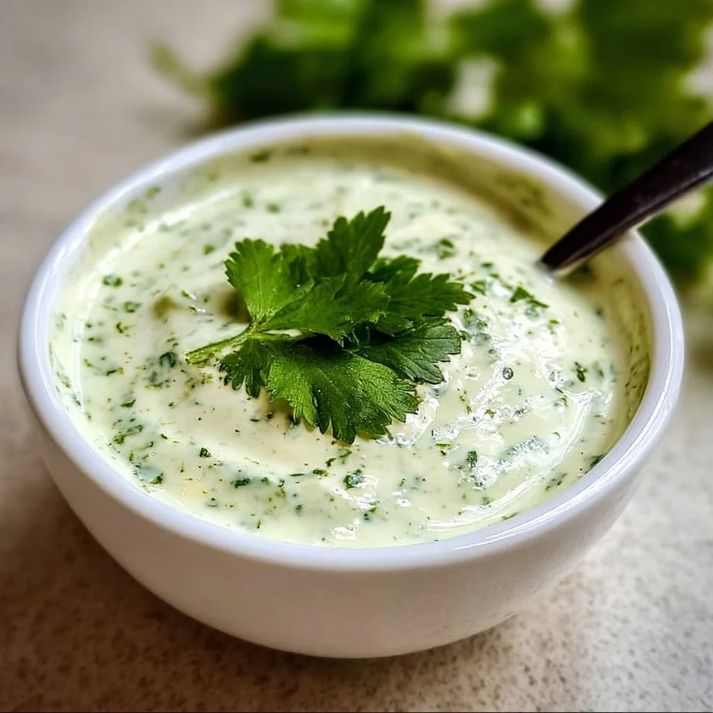 A bowl of easy creamy cilantro garlic sauce with fresh herbs and garlic.