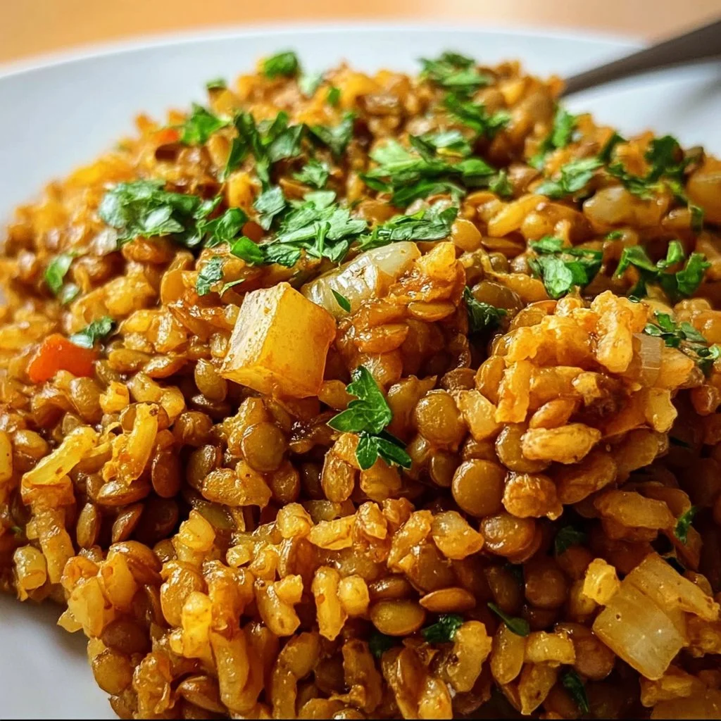 One-pan garlicky lentil rice dish garnished with fresh herbs