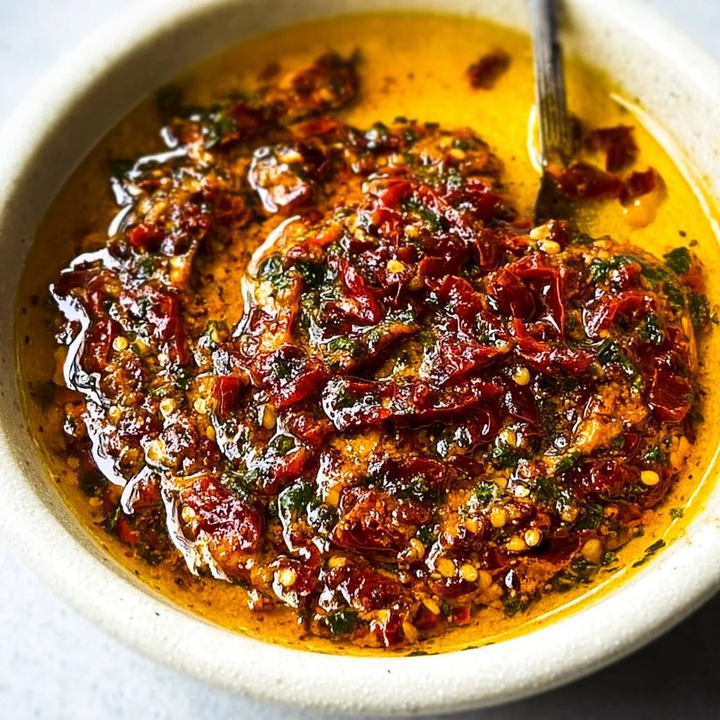 Easy sun dried tomato garlic olive oil dip served in a bowl with crackers