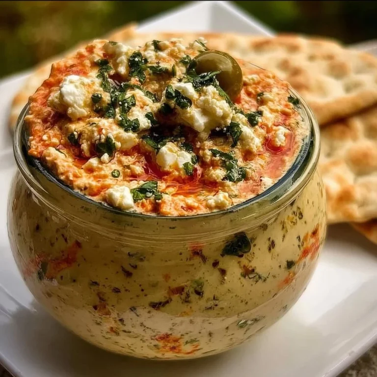 Feta and roasted red pepper dip in a bowl with pita chips