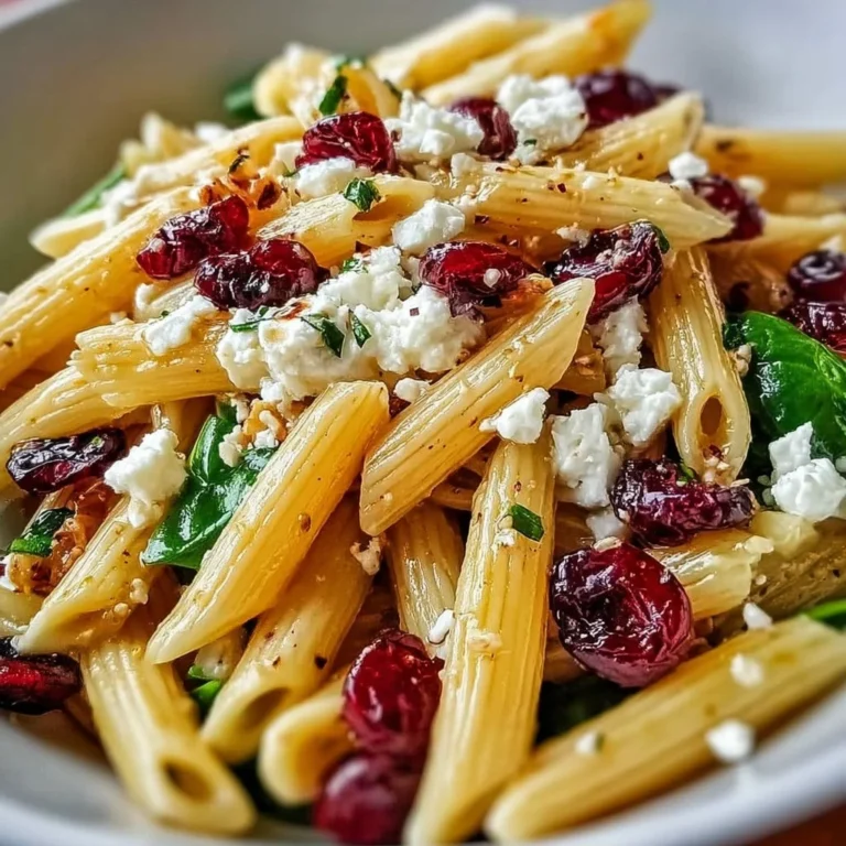 Feta and Cranberry Penne Salad with Orange Vinaigrette on a serving plate