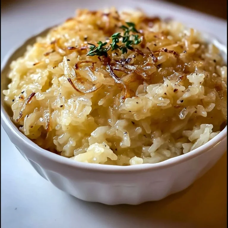A delicious serving of French Onion Butter Rice garnished with thyme and cheese.