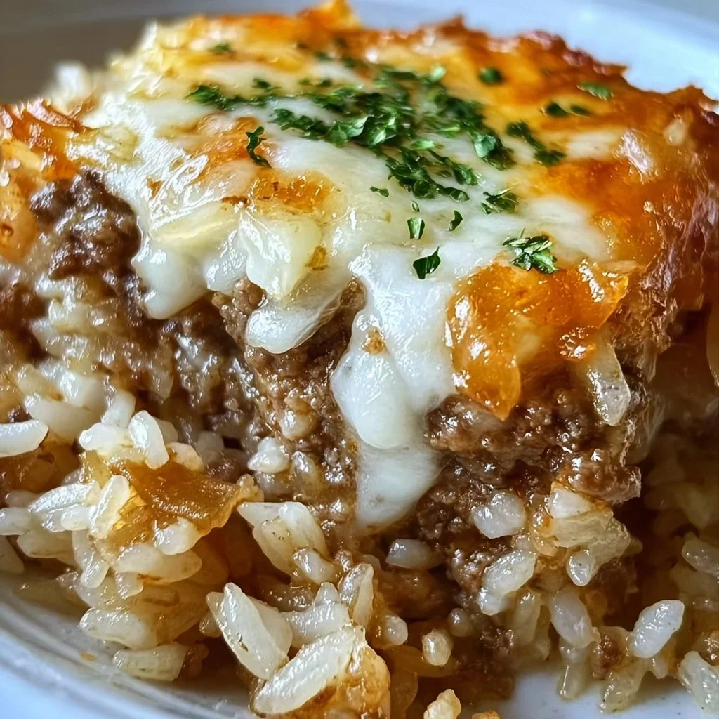French onion ground beef and rice casserole served in a baking dish.