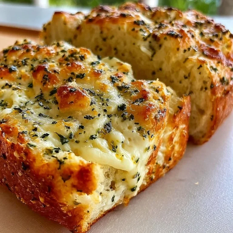 Delicious homemade garlic cheese bread topped with melted cheese and herbs.