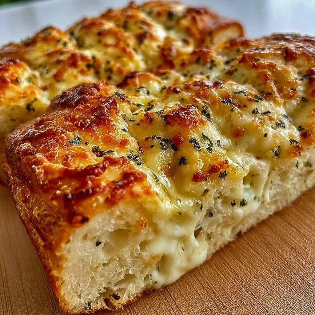 A delicious serving of Garlic Cheese Bread topped with melted cheese and herbs.