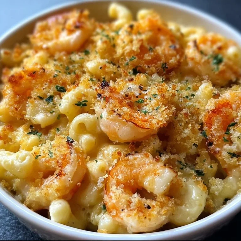 Delicious Garlic Shrimp Mac and Cheese served in a creamy cheese sauce
