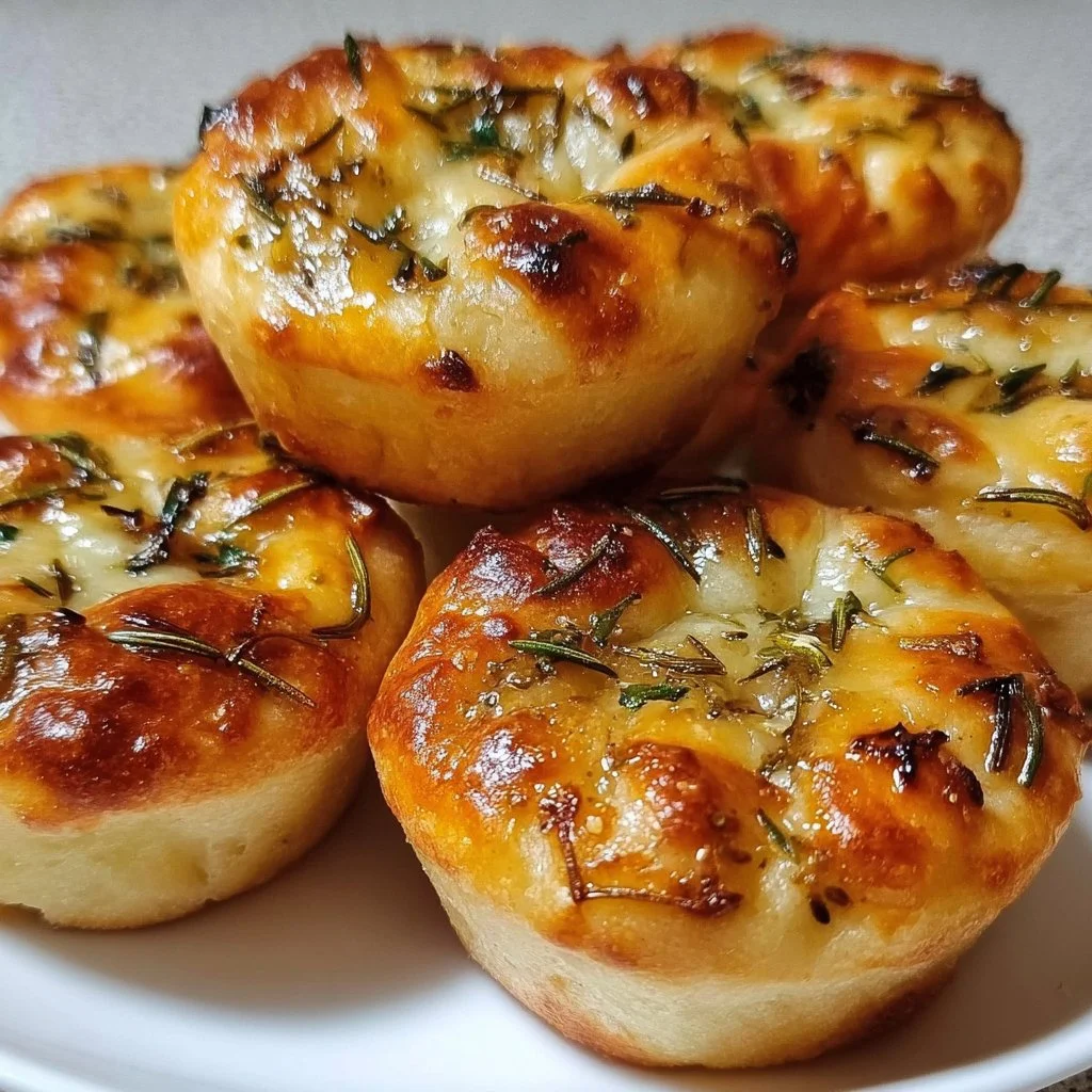 Golden crust garlic rosemary focaccia muffins baked to perfection.