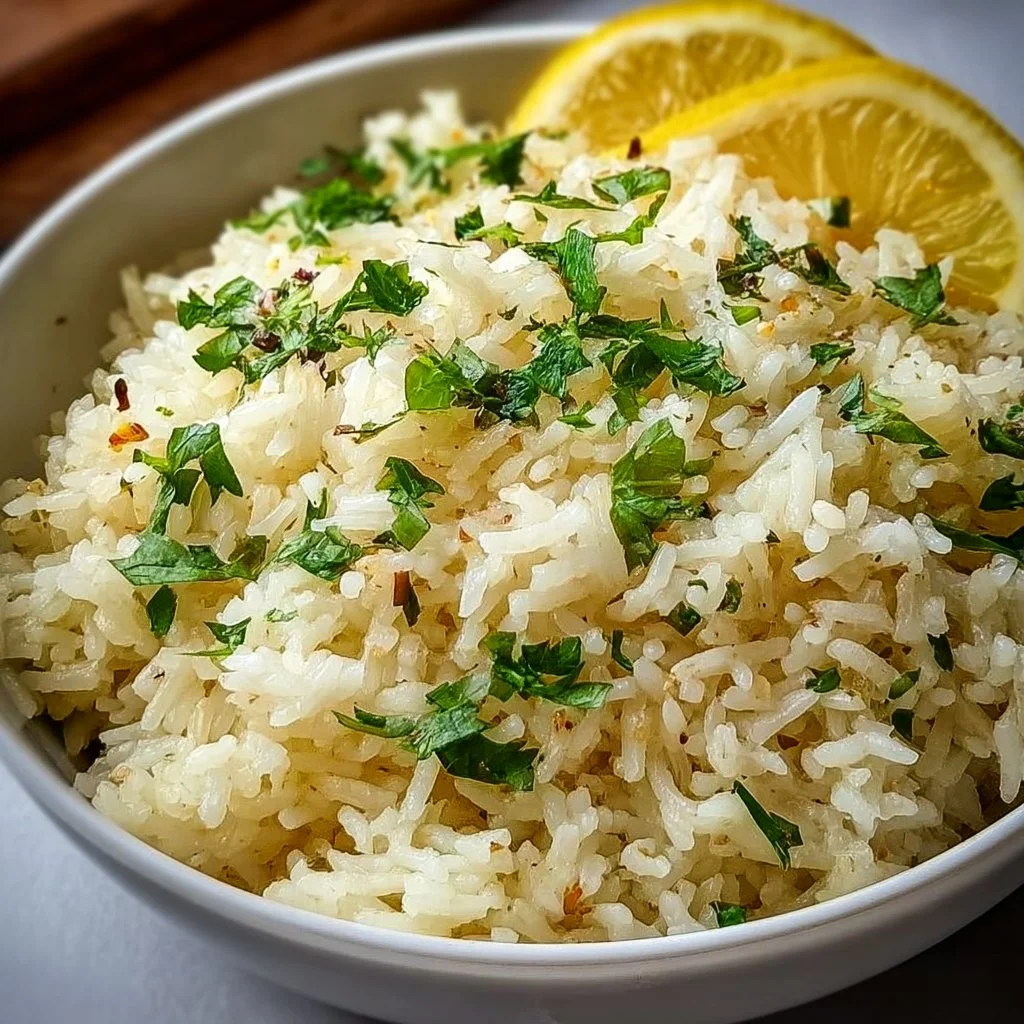 Bowl of Greek lemon rice garnished with herbs and a lemon wedge