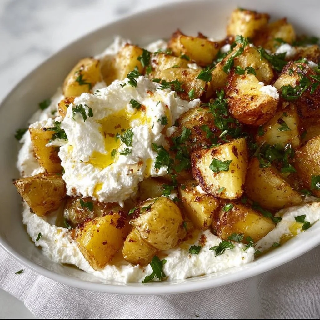 Greek Roasted Potatoes served with creamy Whipped Feta topping