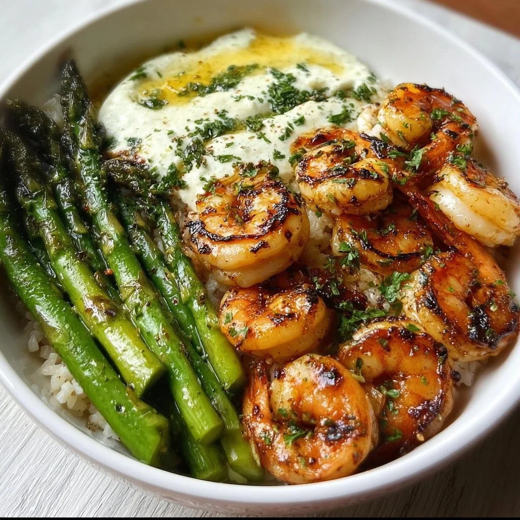 Grilled shrimp bowl with asparagus and vibrant vegetables