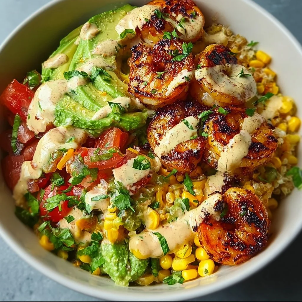 Grilled shrimp bowl with avocado and corn salsa served in a creamy sauce.