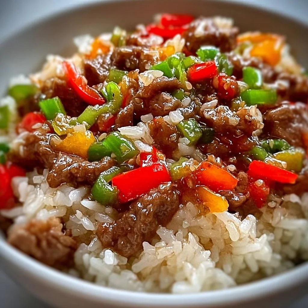 Healthy beef and pepper rice bowl with vibrant vegetables and rice