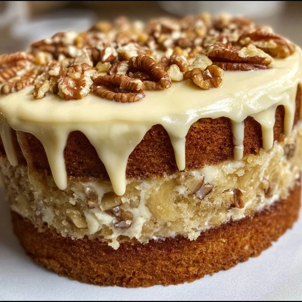Heavenly Banana Walnut Cake topped with creamy frosting and walnuts
