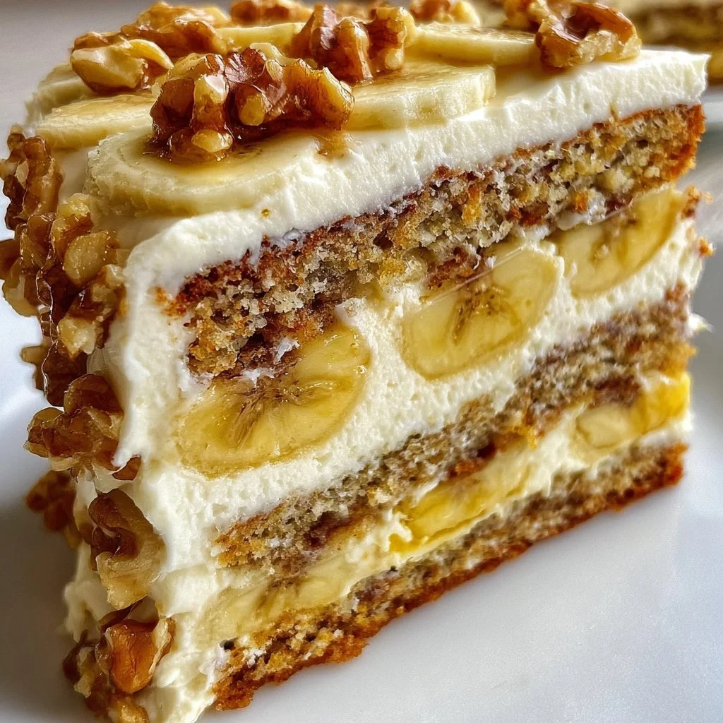 Heavenly banana walnut cream cake with rich frosting and walnuts