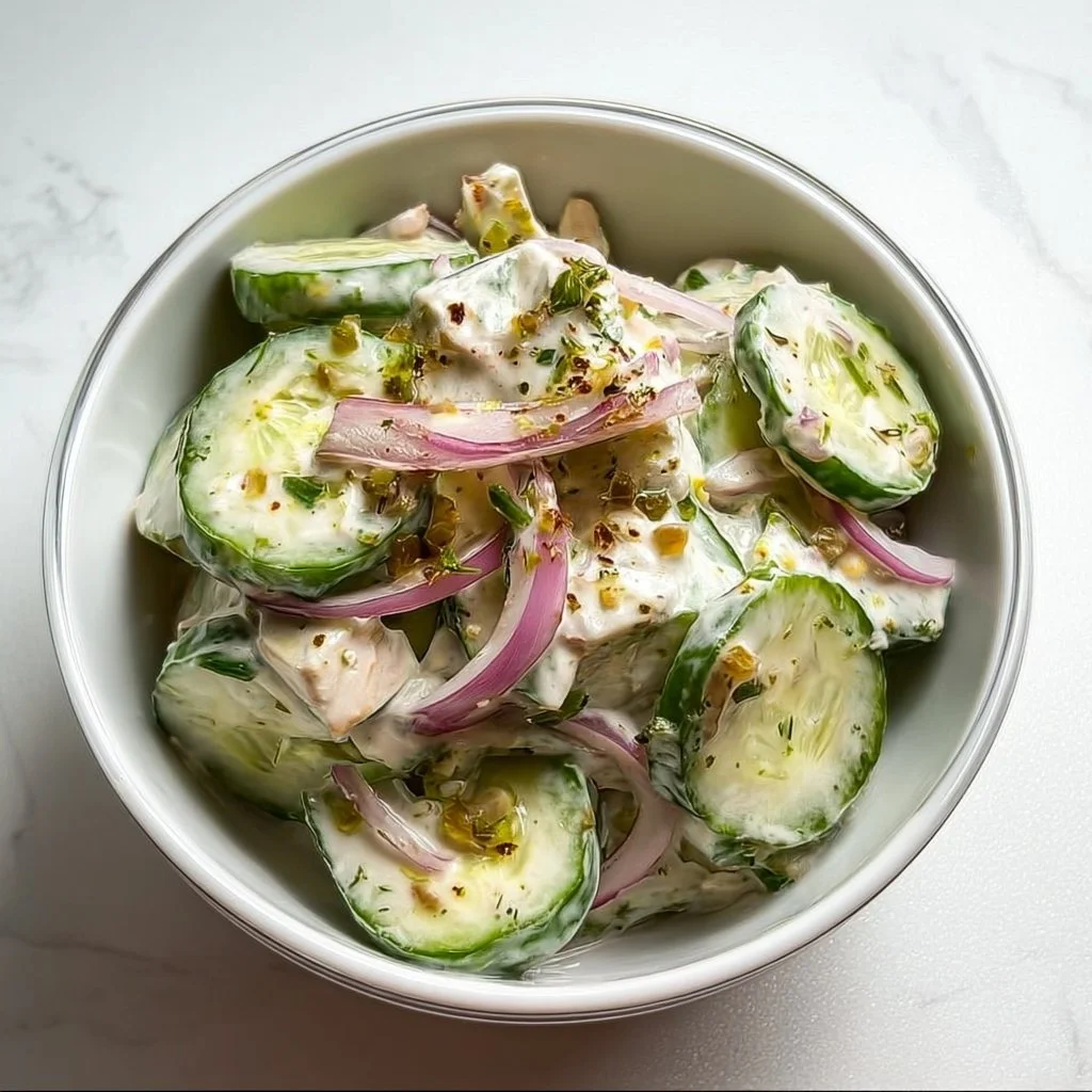High protein cucumber salad with fresh vegetables and dressing